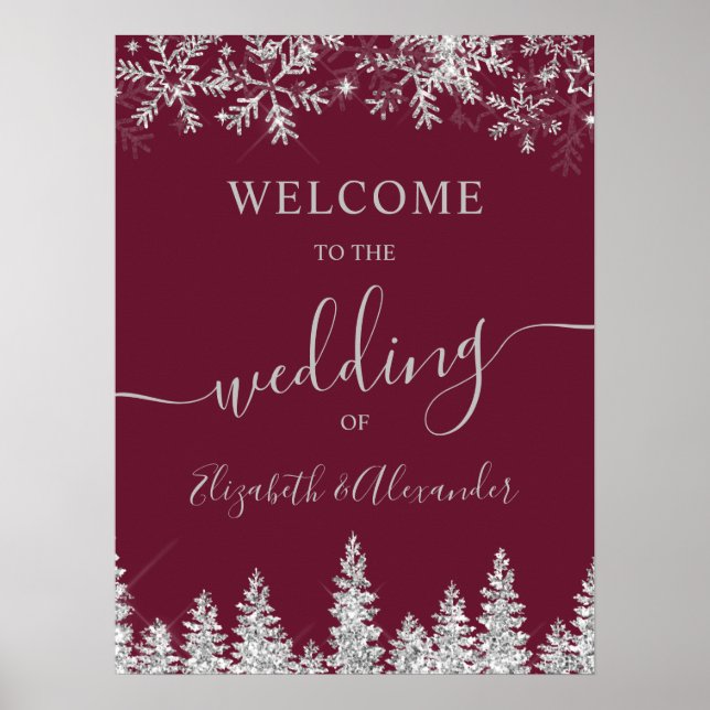Silver snow pine red Christmas winter wedding Poster (Front)