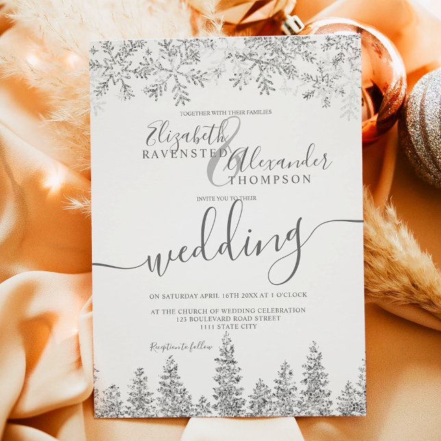Silver snow pine white Christmas winter wedding Invitation (Silver snow pine white Christmas winter wedding Invitation)
