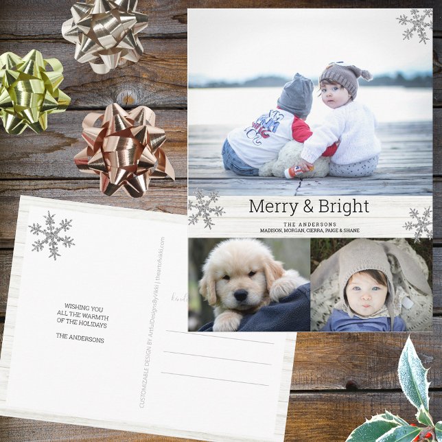 Silver Snowflake 3 Photo Collage Holiday Postcard (Personalize this 3 photo Christmas postcard with your name, pictures and a custom holiday greeting.)