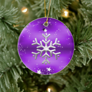 Silver Snowflake and Stars Purple Christmas Ceramic Tree Decoration