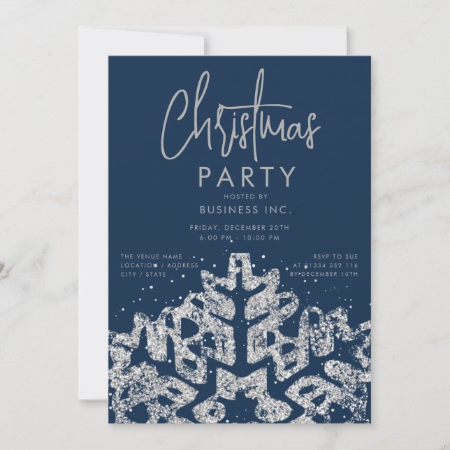 Silver Snowflake Corporate Christmas Party Navy  Invitation (Front)