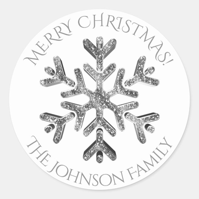 Silver Snowflake Elegant Glitter Look Christmas Classic Round Sticker (Front)
