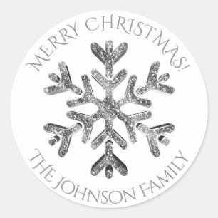 Silver Snowflake Elegant Glitter Look Christmas Classic Round Sticker