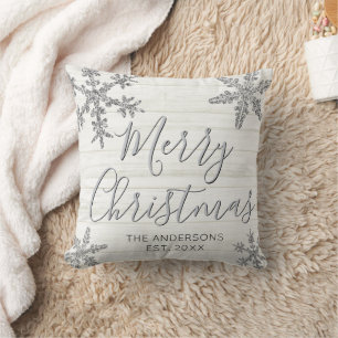 Silver Snowflake Elegant Script Christmas Cushion