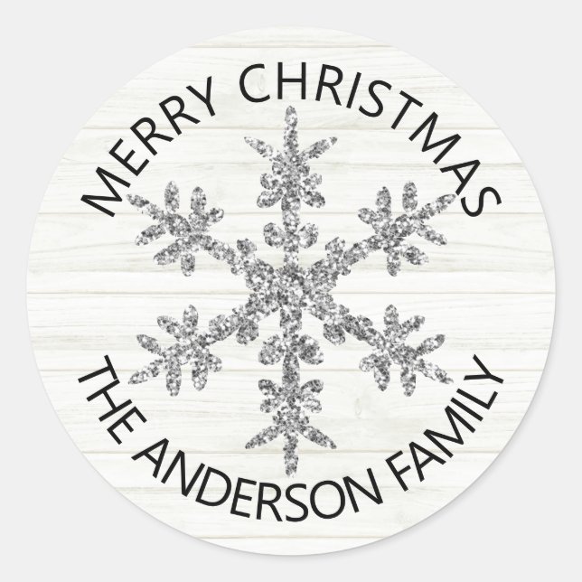 Silver Snowflake Faux Glitter Modern Stylish Classic Round Sticker (Front)