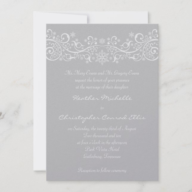 Silver Snowflake Floral Wedding Invitation (Front)