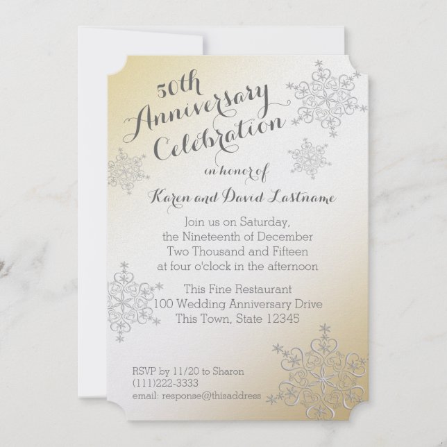 Silver Snowflake Golden 50th Wedding Anniversary Invitation (Front)