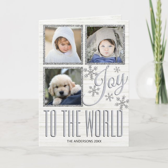 Silver Snowflake Joy To The World 3 Photo Holiday Card (Front)