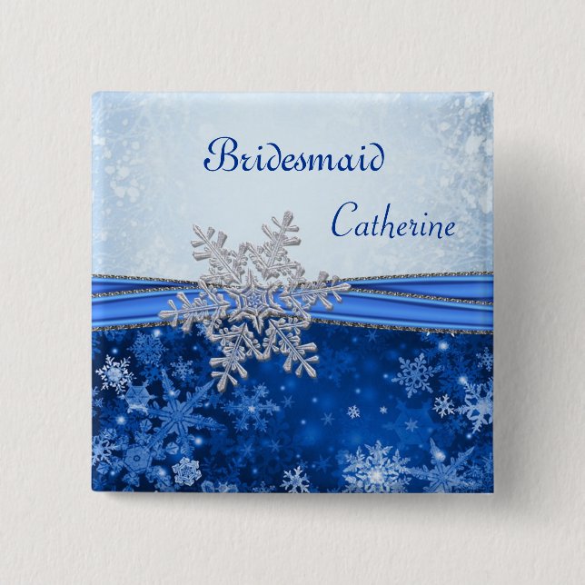 Silver snowflake on blue Wedding Bridesmaid 15 Cm Square Badge (Front)