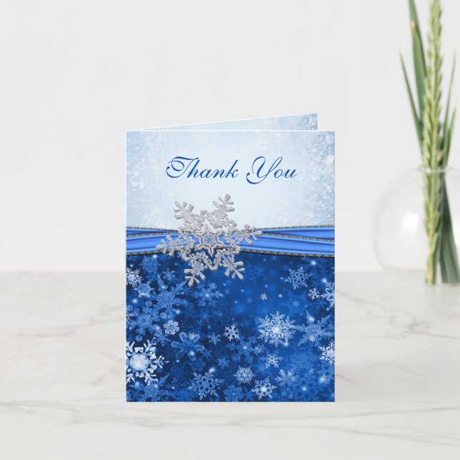 Silver snowflake on blue Wedding Thank You Card (Front)