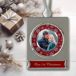 Silver Snowflake on Red First Christmas Plated Banner Ornament