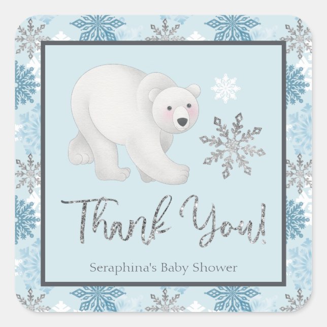 Silver Snowflake Polar Bear Baby Shower Thank You Square Sticker (Front)