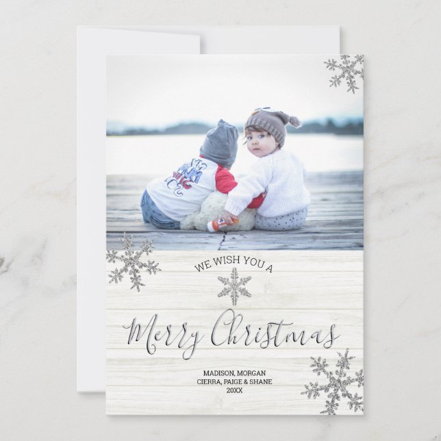 Silver Snowflake Rustic Christmas 2 Photo Holiday Card (Front)