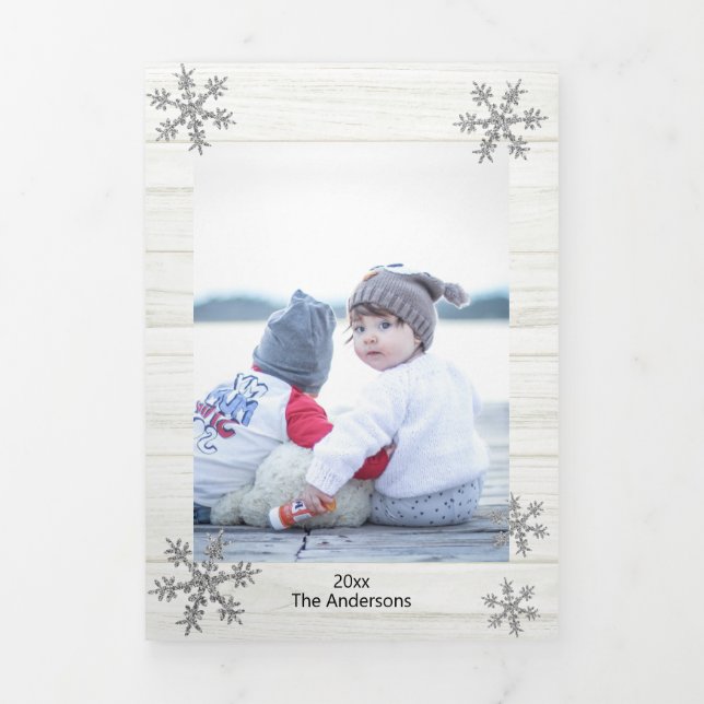 Silver Snowflake Rustic Christmas 3 Photo Tri-Fold Holiday Card (Cover)