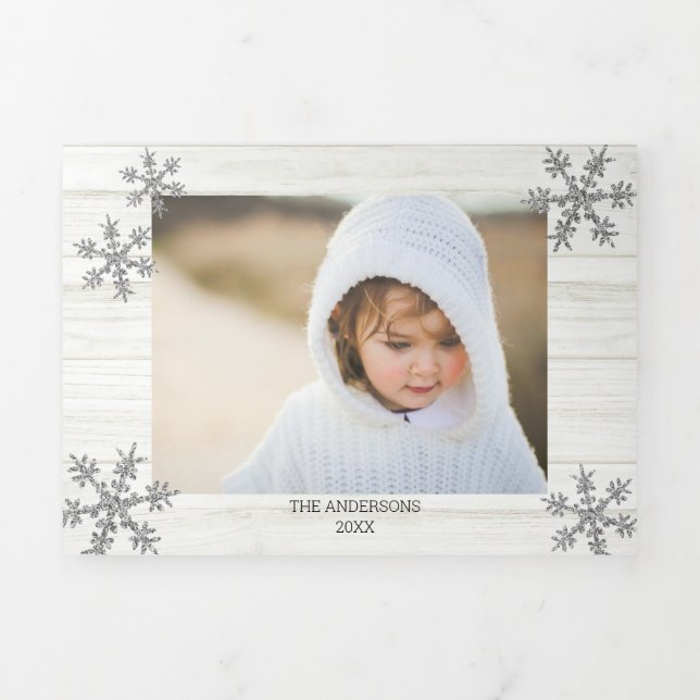 Silver Snowflake Rustic Christmas 5 Photo Tri-Fold Holiday Card (Cover)