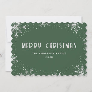 Silver Snowflake Snow Modern Green Christmas Card