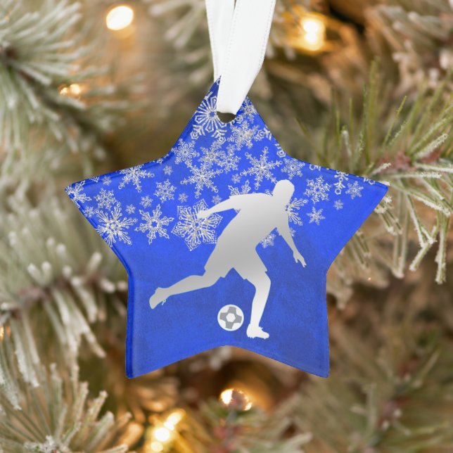 Silver Snowflake Soccer Player on Blue Ornament (Tree)