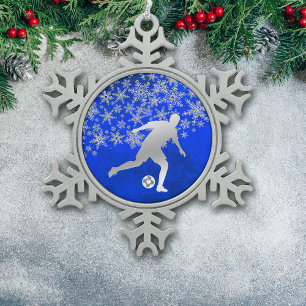 Silver Snowflake Soccer Player on Blue Pewter Christmas Ornament