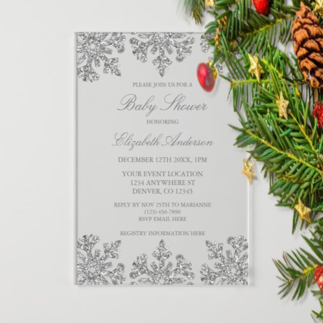 Silver Snowflake Winter Baby Shower Acrylic Invitations (Creator Uploaded)