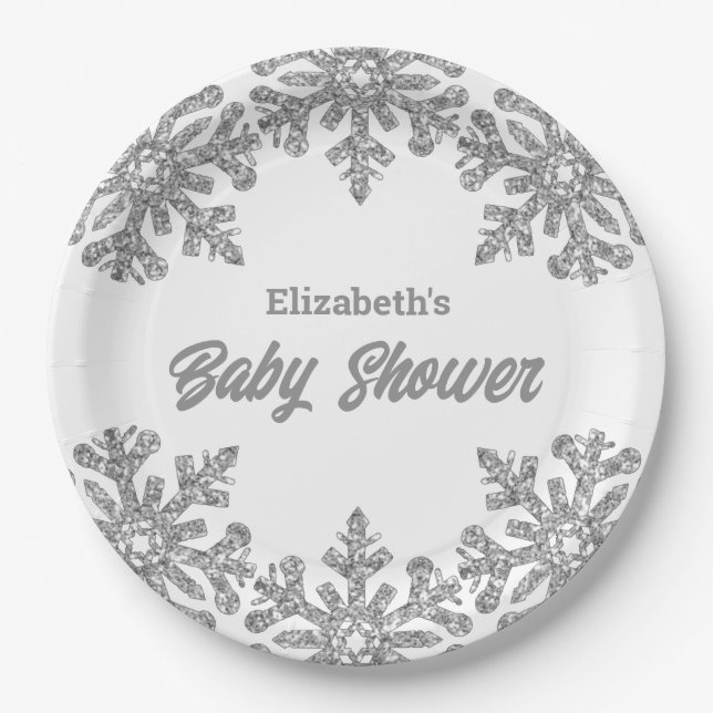 Silver Snowflake Winter Baby Shower Paper Plate (Front)