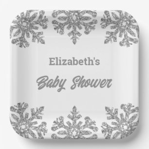 Silver Snowflake Winter Baby Shower Paper Plate
