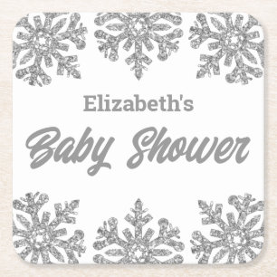 Silver Snowflake Winter Baby Shower Square Paper Coaster