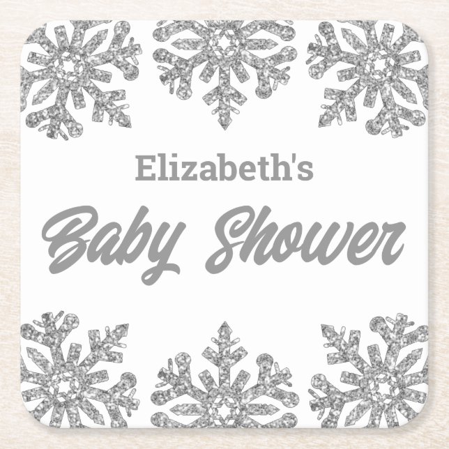 Silver Snowflake Winter Baby Shower Square Paper Coaster (Front)