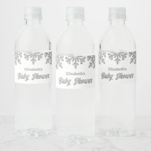 Silver Snowflake Winter Baby Shower Water Bottle Label