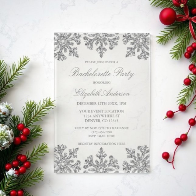 Silver Snowflake Winter Bachelorette Party Acrylic Invitations (Creator Uploaded)