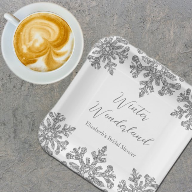 Silver Snowflake Winter Bridal Shower Paper Plate (Creator Uploaded)