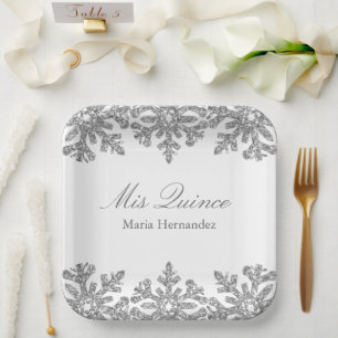 Silver Snowflake Winter Quinceanera Paper Plate