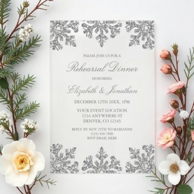 Silver Snowflake Winter Rehearsal Dinner Acrylic Invitations (Creator Uploaded)