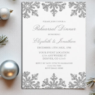 Silver Snowflake Winter Rehearsal Dinner Invitation
