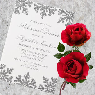 Silver Snowflake Winter Rehearsal Dinner Vellum Invitations