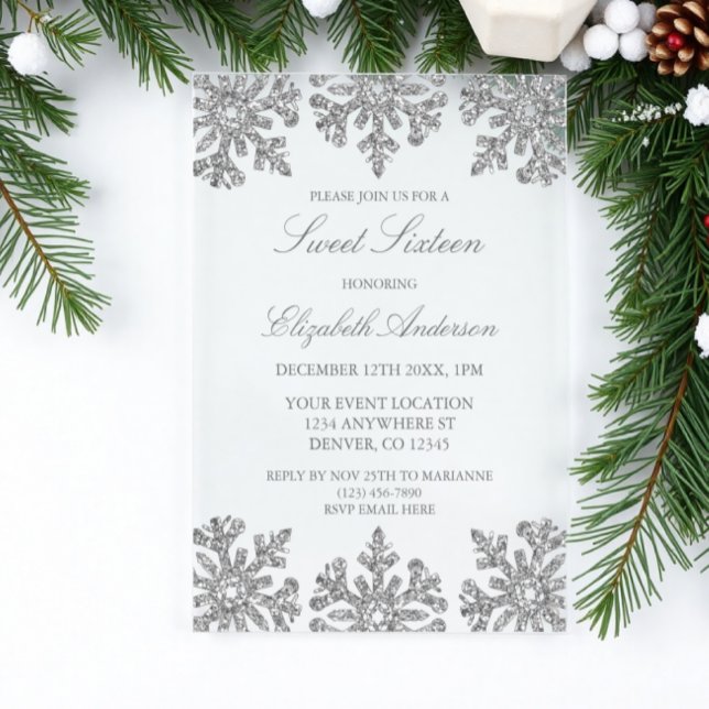 Silver Snowflake Winter Sweet 16 Acrylic Invitations (Creator Uploaded)