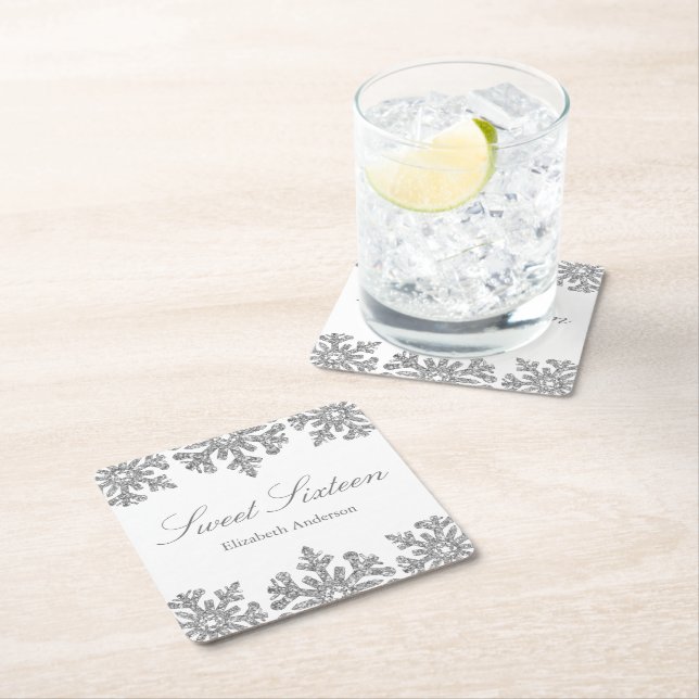 Silver Snowflake Winter Sweet 16 Square Paper Coaster (Insitu)