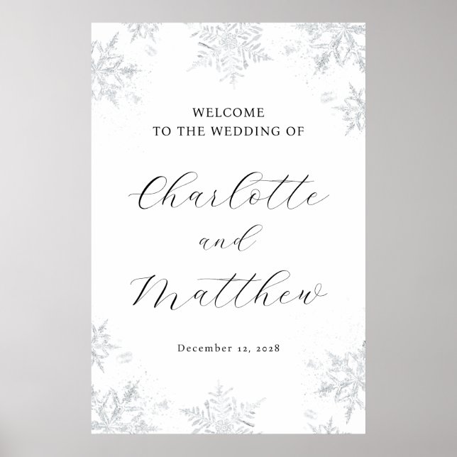 Silver Snowflake Winter Wedding Welcome Sign (Front)