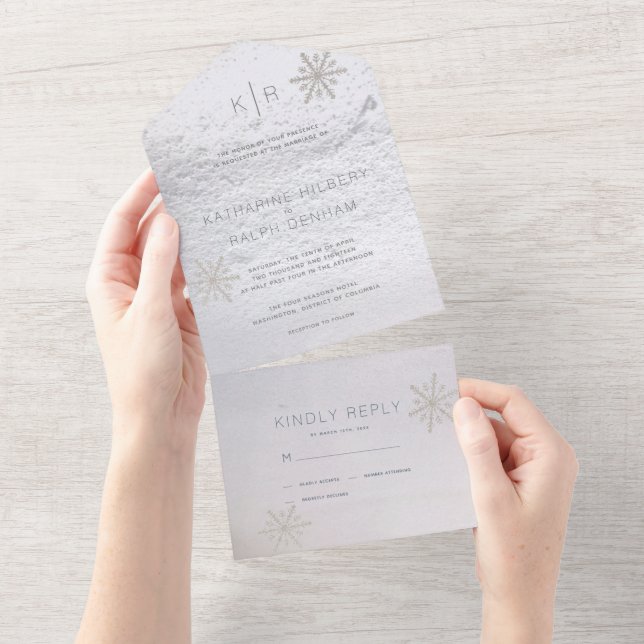 Silver Snowflake Winter White Wedding All In One Invitation (Tearaway)