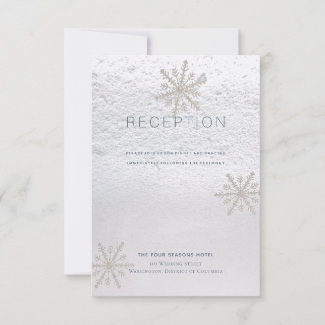 Silver Snowflake Winter White Wedding Reception Invitation (Front)