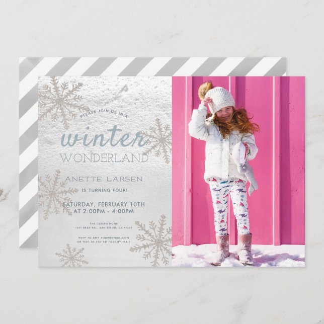 Silver Snowflake Winter Wonderland Photo Birthday Invitation (Front/Back)