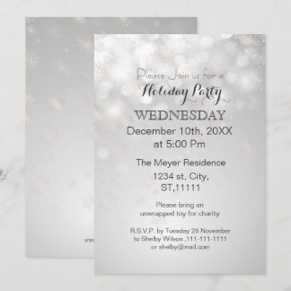silver snowflakes and bokeh holiday party Invites