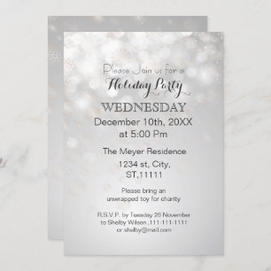 silver snowflakes and bokeh holiday party Invites