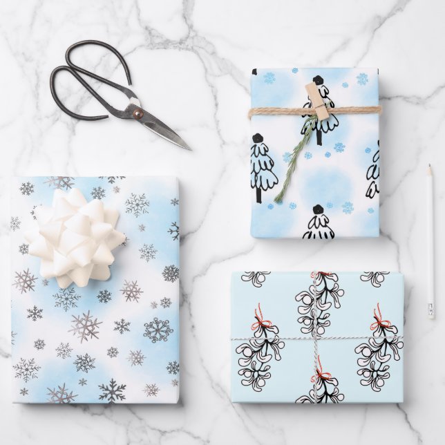 Silver Snowflakes and mistletoe with blue  Wrapping Paper Sheet (Front)
