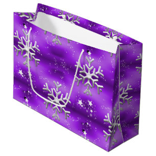 Silver Snowflakes and Stars Purple Christmas Large Gift Bag