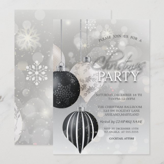 Silver Snowflakes,Balls Christmas Company Invitation (Front/Back)