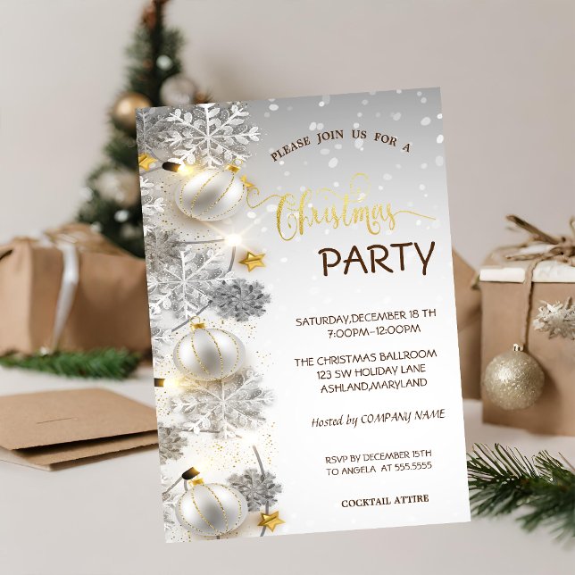 Silver Snowflakes,Balls,Snow Christmas Party Invitation (Creator Uploaded)