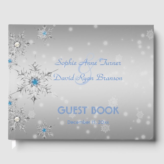 Silver Snowflakes Crystals Blue Pearls Wedding Guest Book (Front)
