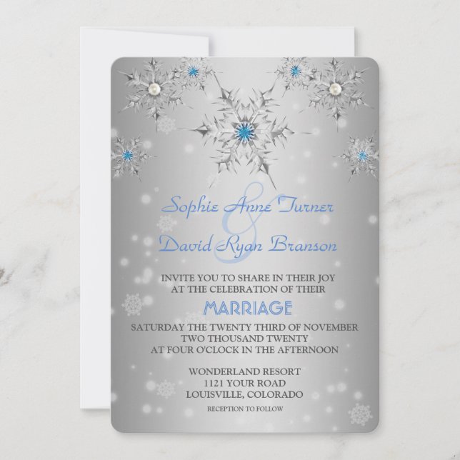 Silver Snowflakes Crystals Blue Pearls Wedding Invitation (Front)