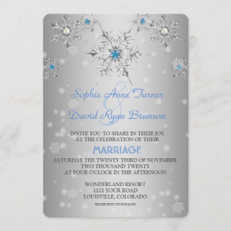 Silver Snowflakes Crystals Blue Pearls Wedding Invitation