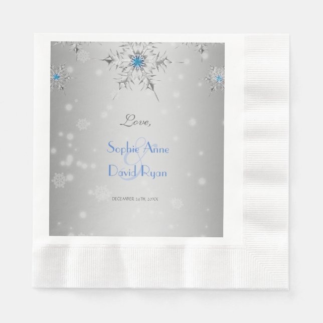 Silver Snowflakes Crystals Silver Pearls Wedding Napkin (Front)